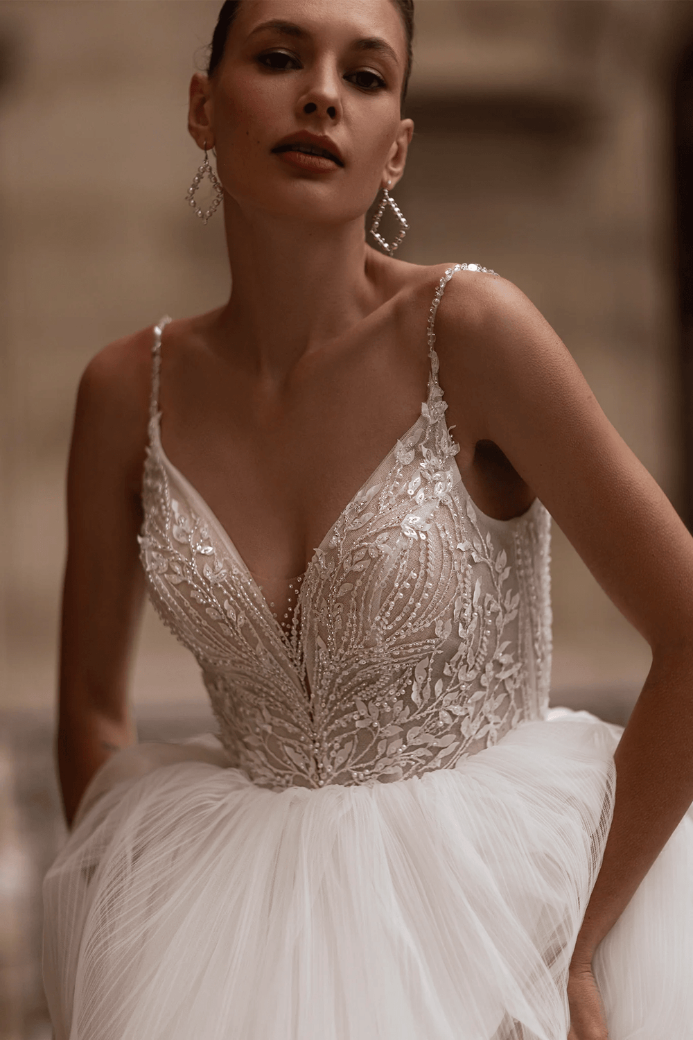 Spaghetti Strap Wedding Dress with Tiered Skirt – Layered Tulle Ruffle Dress with Pearl Leaf Bodice and Sheer Layers Plus Size - WonderlandByLilian