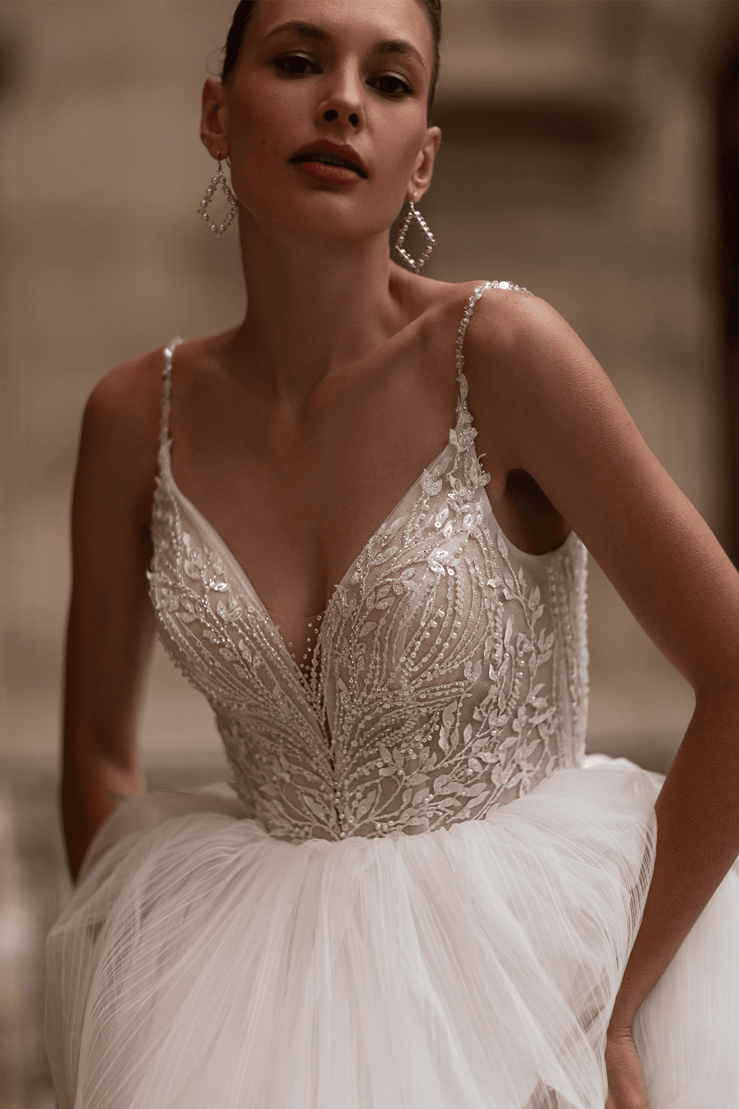 Spaghetti Strap Wedding Dress with Tiered Skirt – Layered Tulle Ruffle Dress with Pearl Leaf Bodice and Sheer Layers Plus Size - WonderlandByLilian