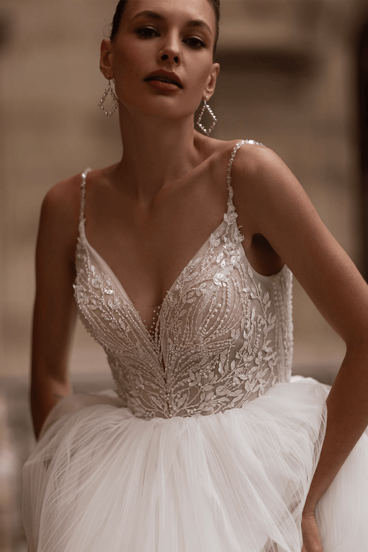 Spaghetti Strap Wedding Dress with Tiered Skirt – Layered Tulle Ruffle Dress with Pearl Leaf Bodice and Sheer Layers Plus Size - WonderlandByLilian