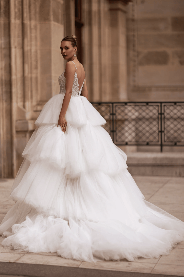 Spaghetti Strap Wedding Dress with Tiered Skirt – Layered Tulle Ruffle Dress with Pearl Leaf Bodice and Sheer Layers Plus Size - WonderlandByLilian
