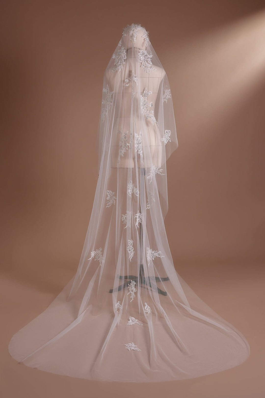 Sparkling Floral Embroidered Cathedral Veil with Crystal Drops Plus Size - WonderlandByLilian