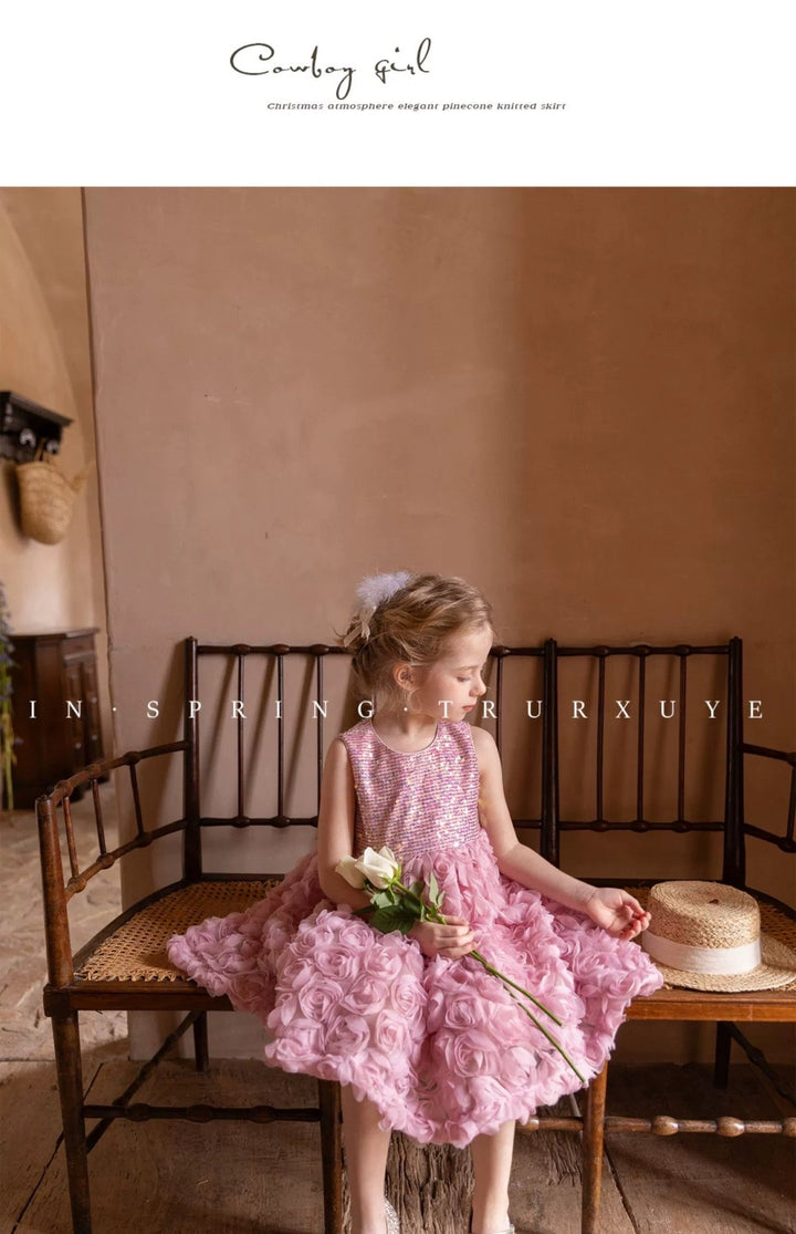 Sparkling Pink Sequined Flower Girl Dress with Layered Rosette Skirt – Plus Size - WonderlandByLilian