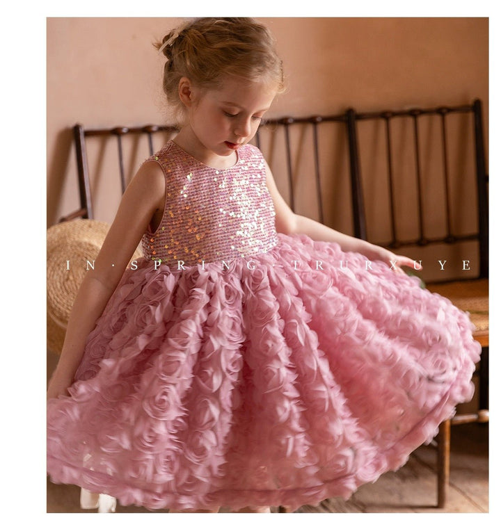 Sparkling Pink Sequined Flower Girl Dress with Layered Rosette Skirt – Plus Size - WonderlandByLilian