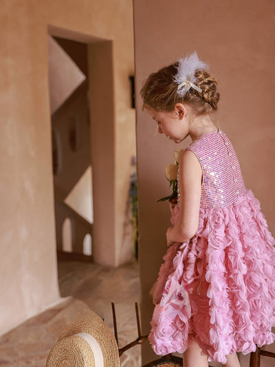 Sparkling Pink Sequined Flower Girl Dress with Layered Rosette Skirt – Plus Size - WonderlandByLilian
