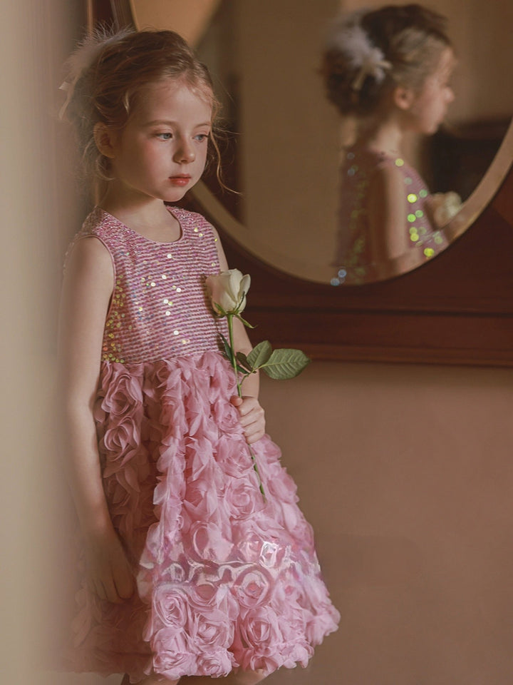 Sparkling Pink Sequined Flower Girl Dress with Layered Rosette Skirt – Plus Size - WonderlandByLilian