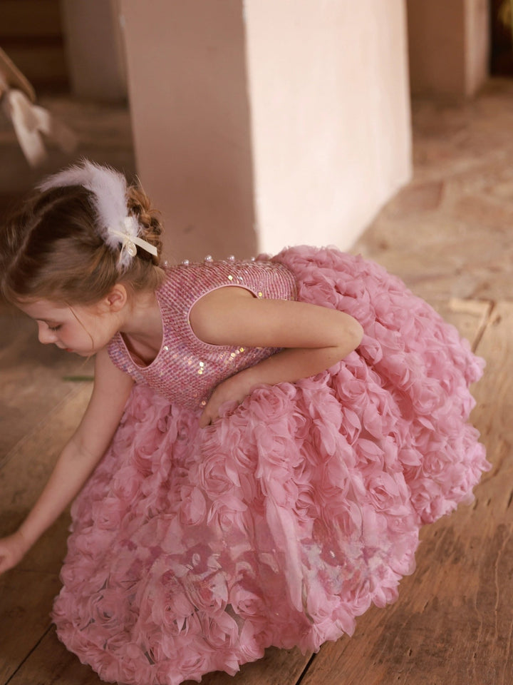 Sparkling Pink Sequined Flower Girl Dress with Layered Rosette Skirt – Plus Size - WonderlandByLilian