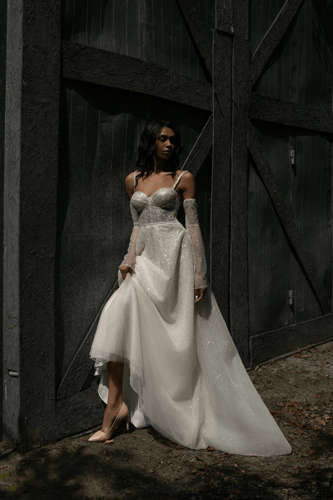 Sparkly Ball Gown Wedding Dress with Sweetheart Corset – Spaghetti Strap Wedding Dress with Detachable Sleeves Plus Size - Megan - WonderlandByLilian
