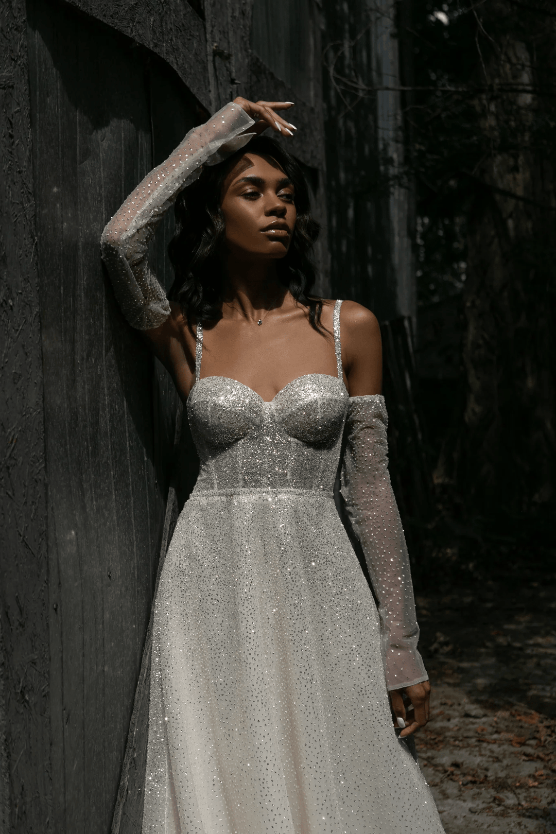 Sparkly Ball Gown Wedding Dress with Sweetheart Corset – Spaghetti Strap Wedding Dress with Detachable Sleeves Plus Size