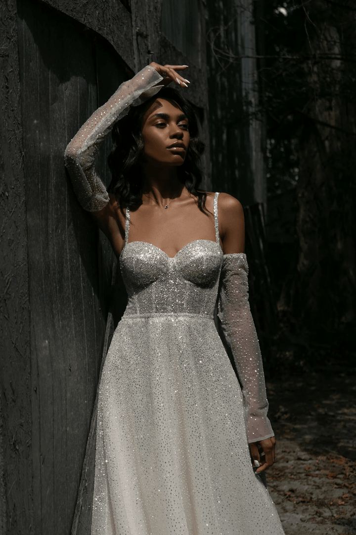 Sparkly Ball Gown Wedding Dress with Sweetheart Corset – Spaghetti Strap Wedding Dress with Detachable Sleeves Plus Size - Megan - WonderlandByLilian