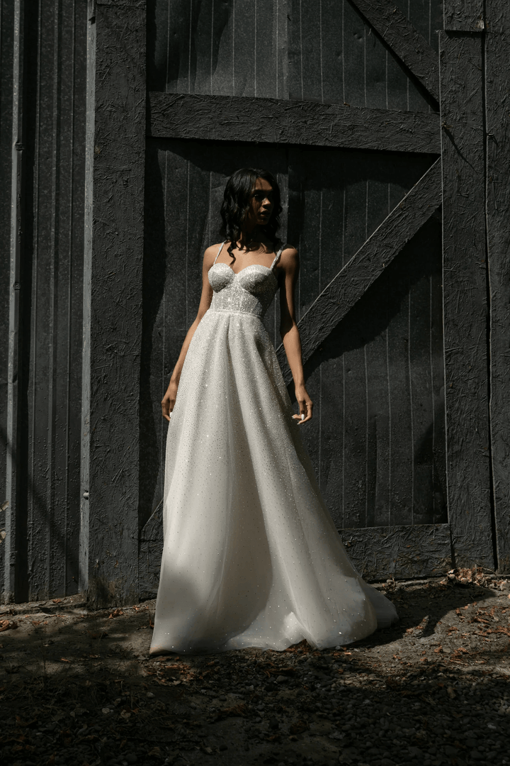 Sparkly Ball Gown Wedding Dress with Sweetheart Corset – Spaghetti Strap Wedding Dress with Detachable Sleeves Plus Size - Megan - WonderlandByLilian