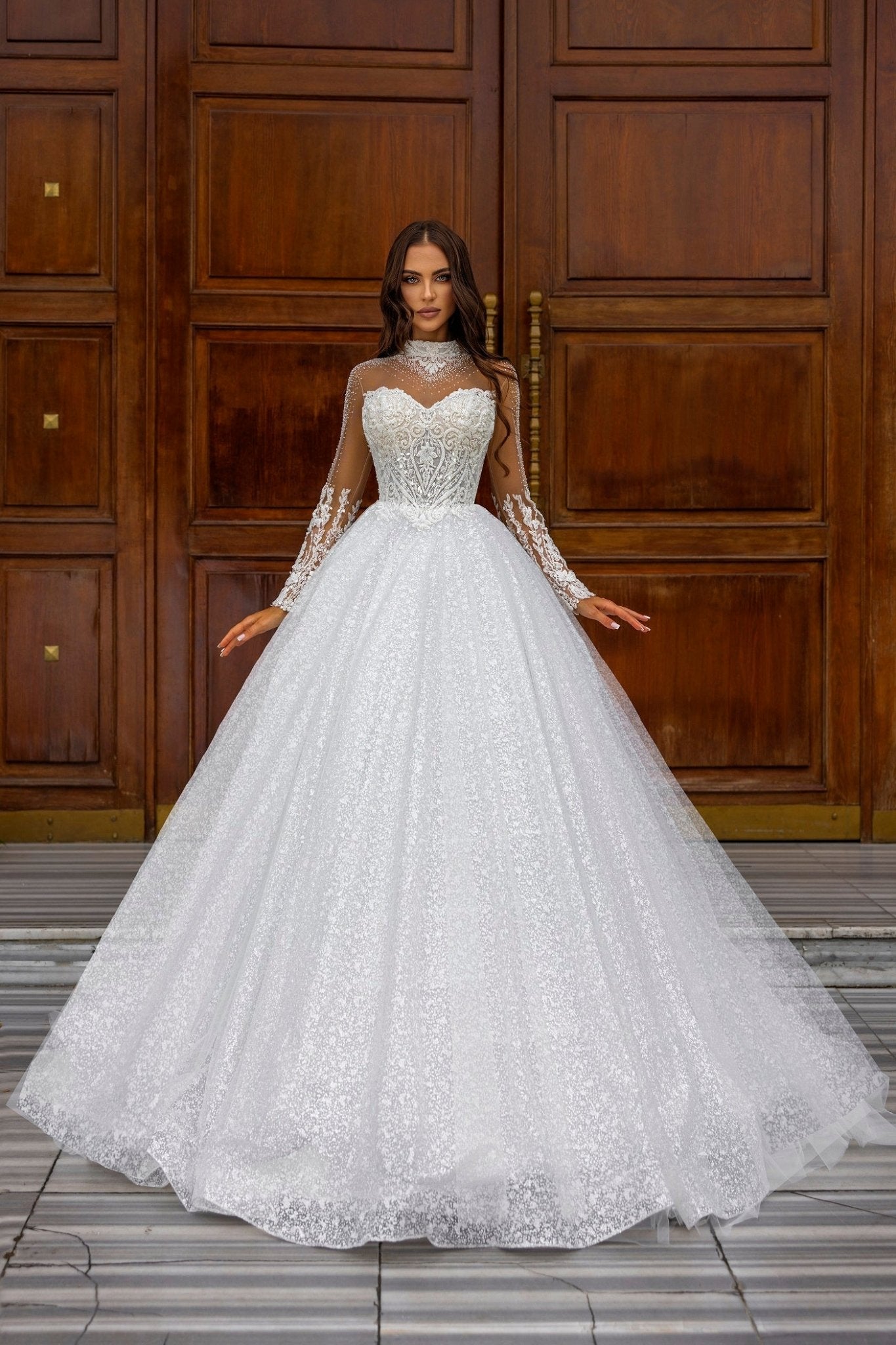 Starry Tulle Ball Gown with Long Lace Sleeves and Sequined Bodice Plus Size - WonderlandByLilian