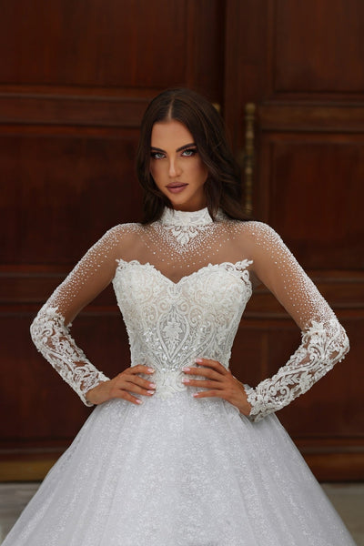 Starry Tulle Ball Gown with Long Lace Sleeves and Sequined Bodice Plus Size - WonderlandByLilian