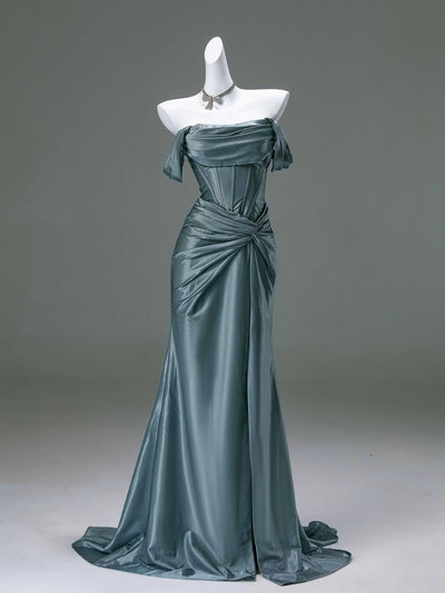 Steel Blue Silk Evening Dress - Corset Back Wedding Dress with Off-the-Shoulder Design Plus Size - WonderlandByLilian