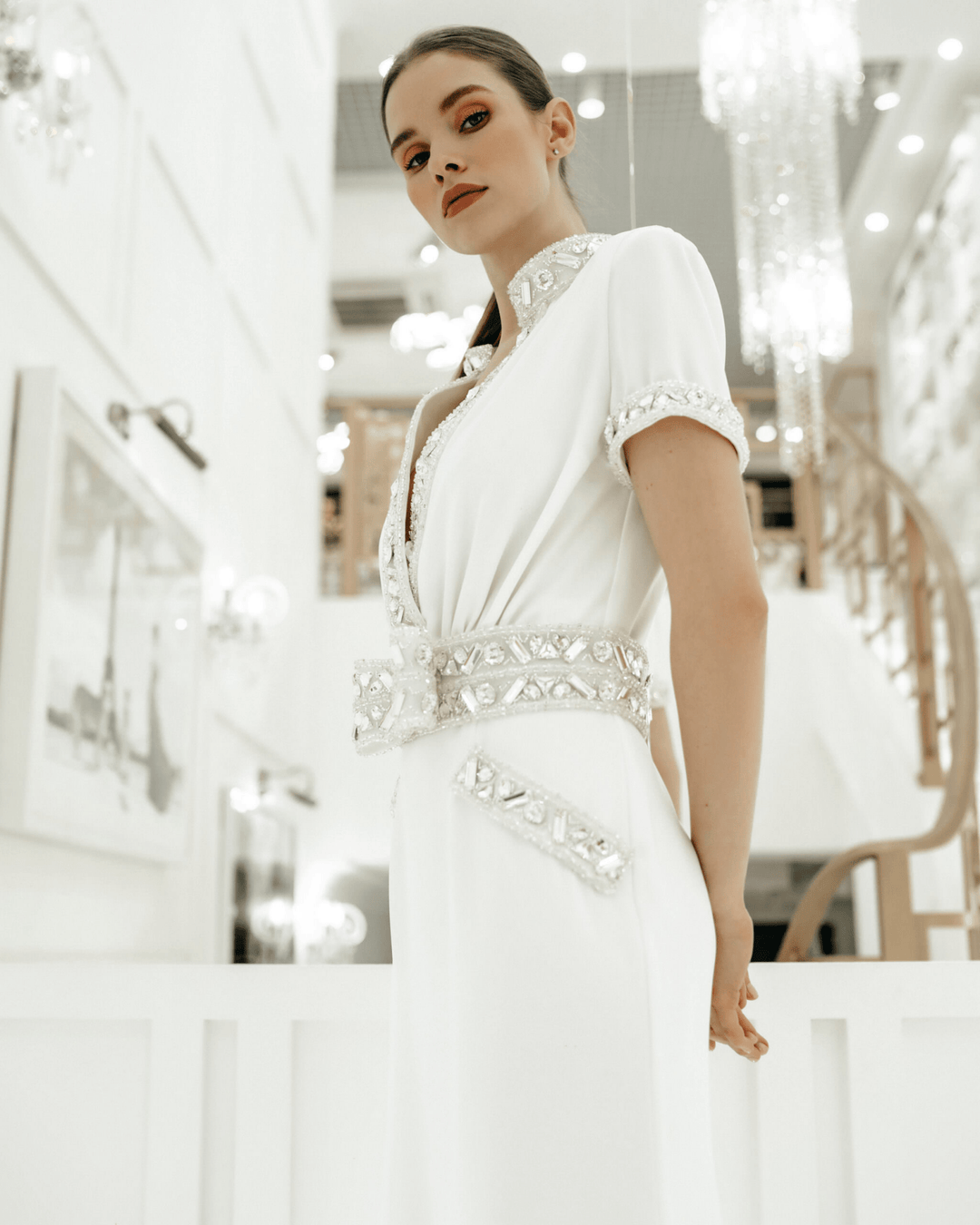 Straight Wedding Dress with Belt - Wedding Dress with Short Sleeves and Embellished Gown Plus Size - ORNELLA - WonderlandByLilian