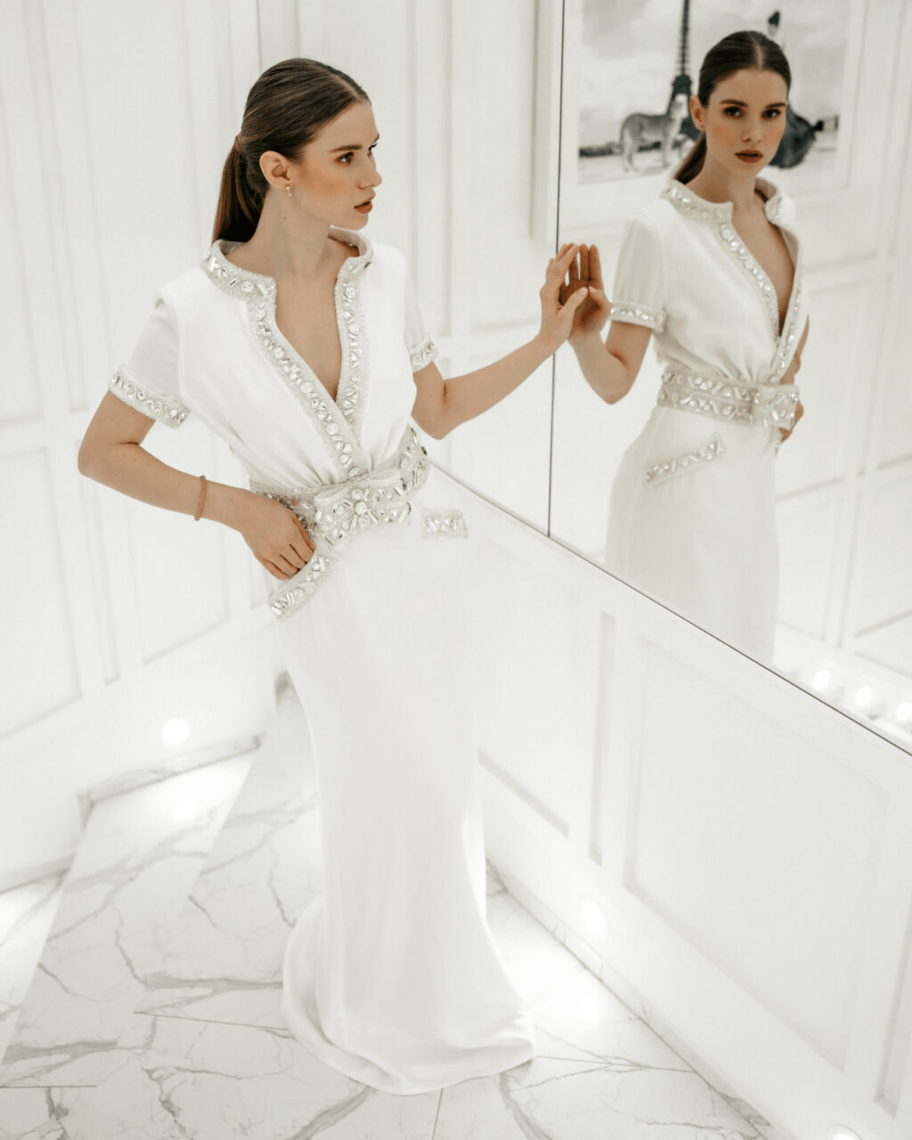 Straight Wedding Dress with Belt - Wedding Dress with Short Sleeves and Embellished Gown Plus Size - ORNELLA - WonderlandByLilian