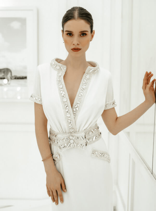 Straight Wedding Dress with Belt - Wedding Dress with Short Sleeves and Embellished Gown Plus Size - ORNELLA - WonderlandByLilian