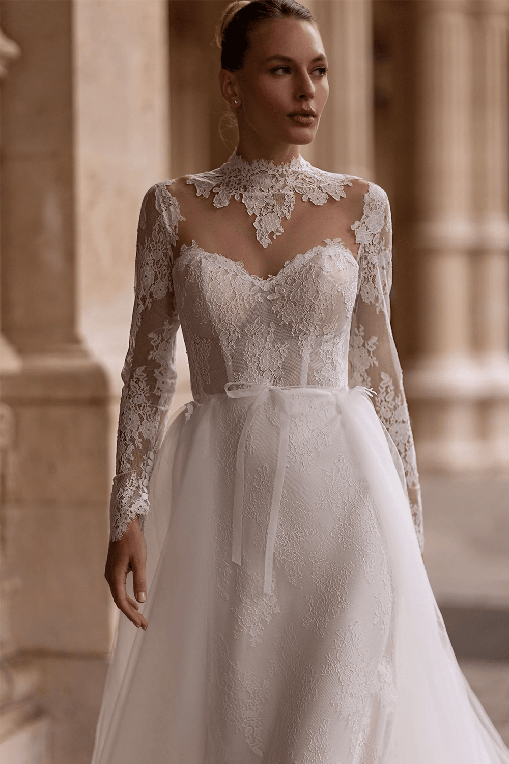 Straight Wedding Dress with Illusion Back – Lace Wedding Dress with Long Sleeves and Sheer Train Plus Size - WonderlandByLilian