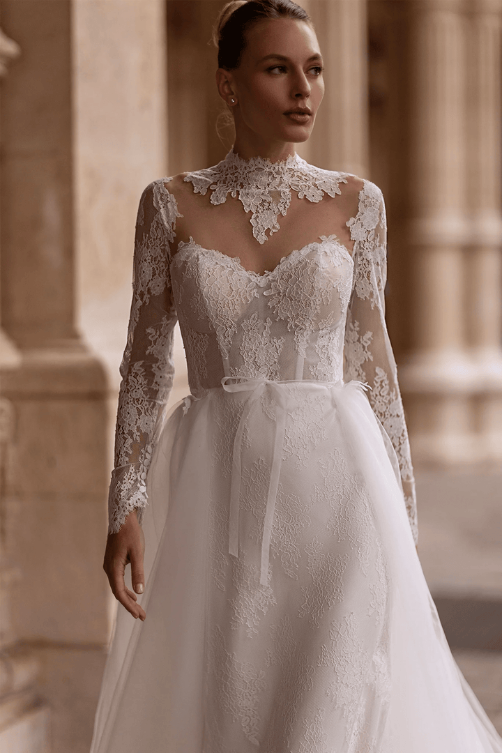 Straight Wedding Dress with Illusion Back – Lace Wedding Dress with Long Sleeves and Sheer Train Plus Size - WonderlandByLilian