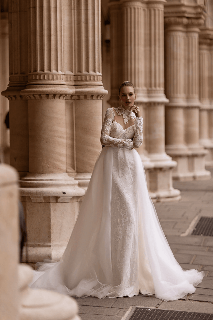 Straight Wedding Dress with Illusion Back – Lace Wedding Dress with Long Sleeves and Sheer Train Plus Size - WonderlandByLilian