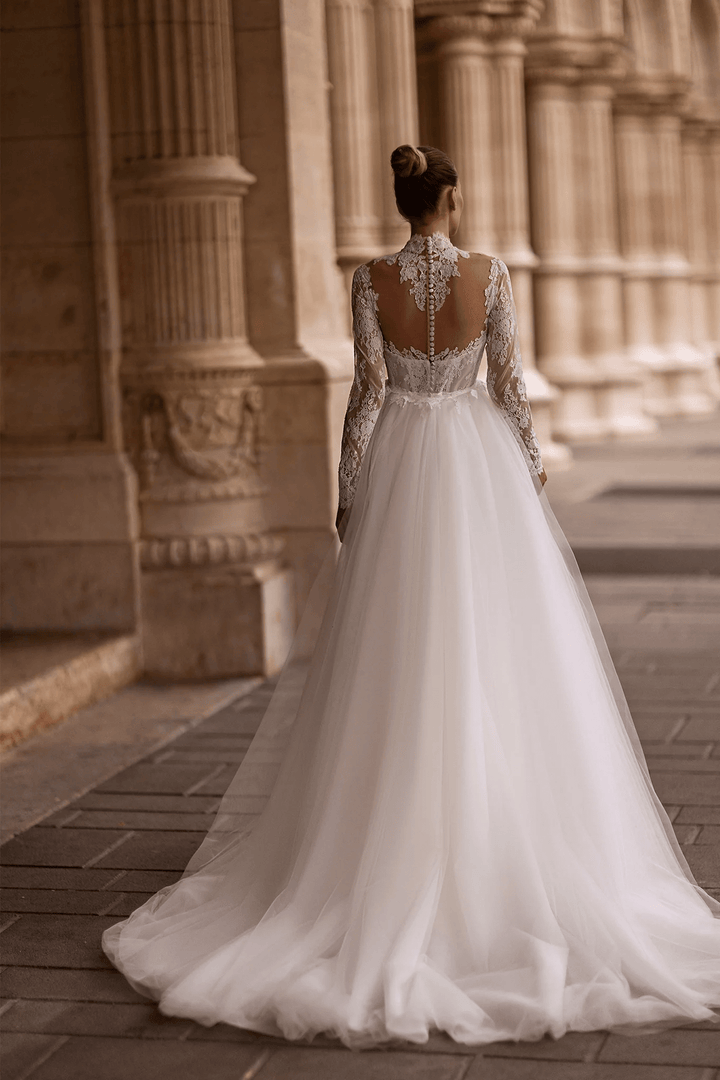 Straight Wedding Dress with Illusion Back – Lace Wedding Dress with Long Sleeves and Sheer Train Plus Size - WonderlandByLilian
