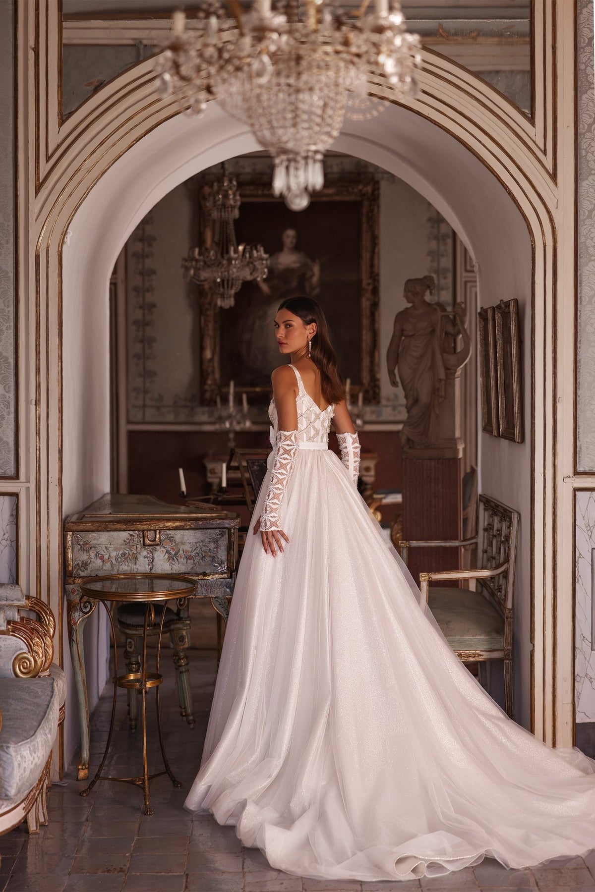 Strap Beaded Corset Wedding Dress with Dramatic Horsehair Braid Train