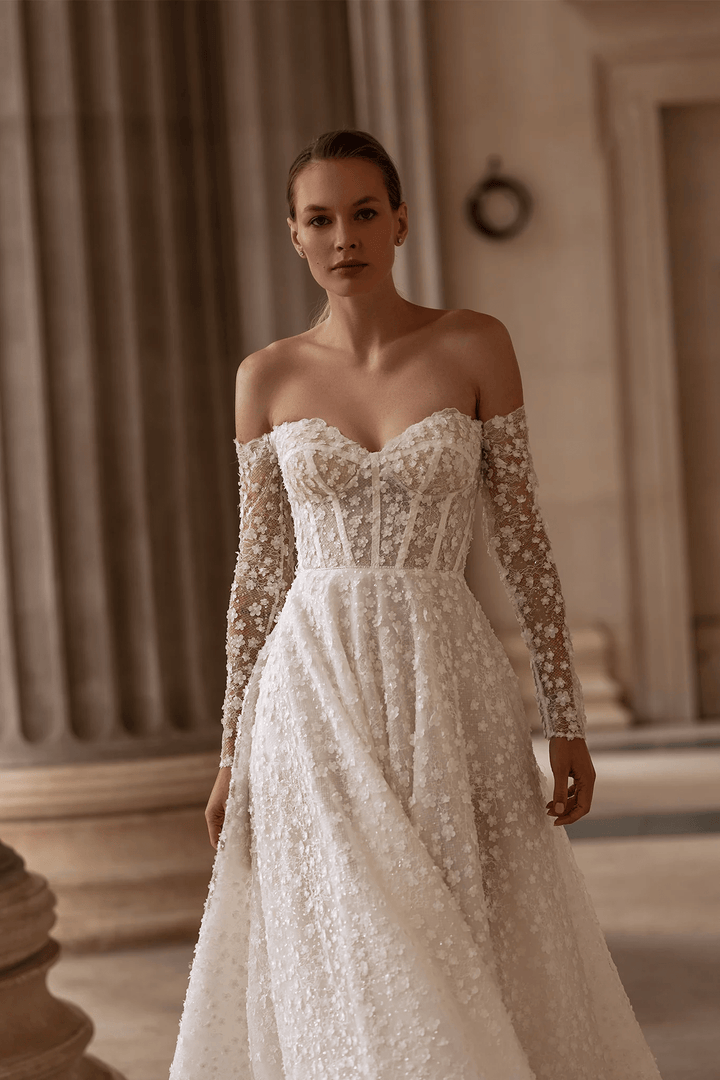 Strapless A - Line Wedding Dress with Lace Long Sleeves – Floral Embellished Wedding Gown with Romantic Details Plus Size - WonderlandByLilian