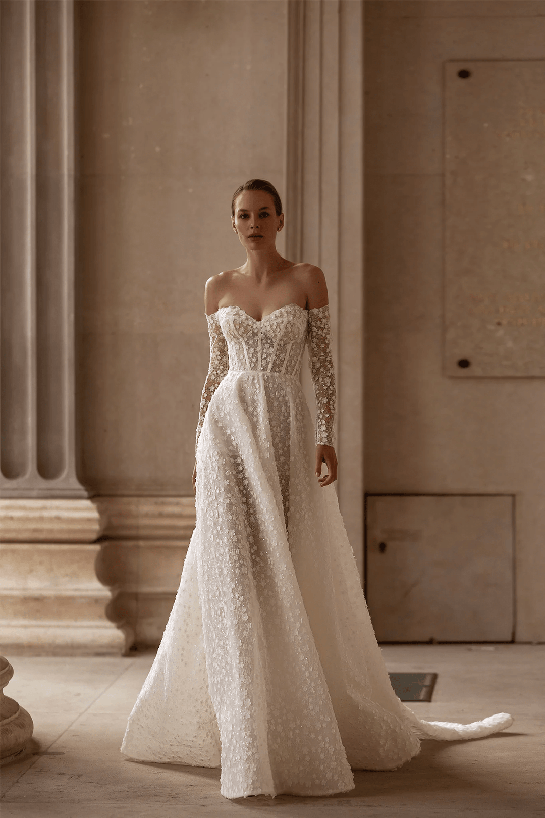 Strapless A - Line Wedding Dress with Lace Long Sleeves – Floral Embellished Wedding Gown with Romantic Details Plus Size - WonderlandByLilian