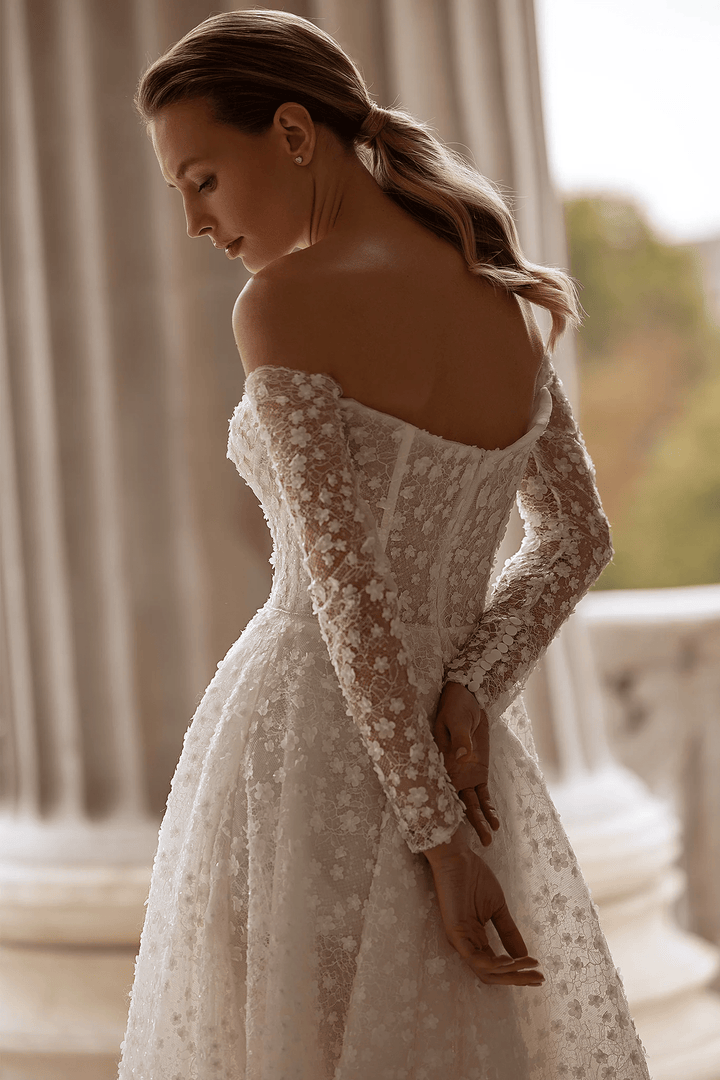 Strapless A - Line Wedding Dress with Lace Long Sleeves – Floral Embellished Wedding Gown with Romantic Details Plus Size - WonderlandByLilian
