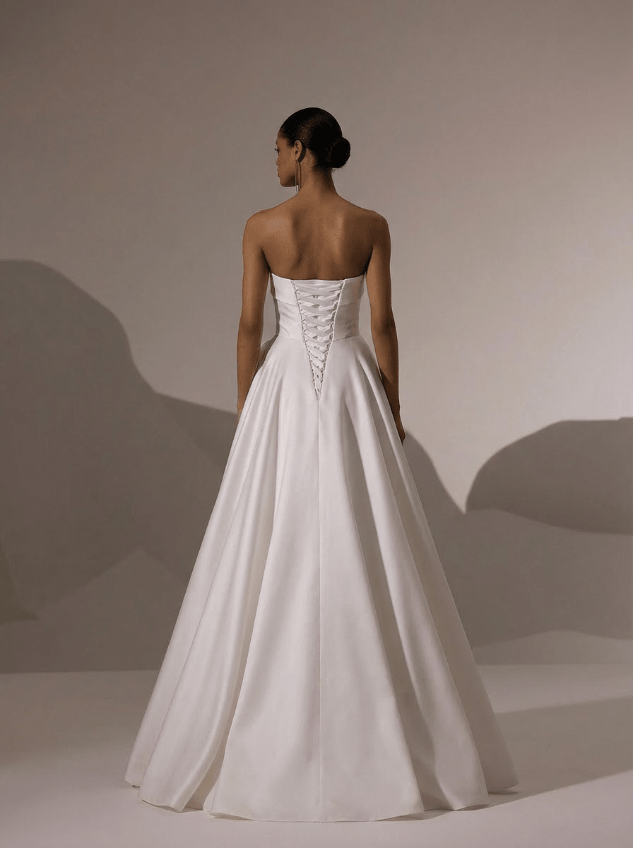 Strapless Satin Wedding Dress with Fold Over Neckline – Simple Satin Wedding Dress with Corset Plus Size Size 2 / with Veil