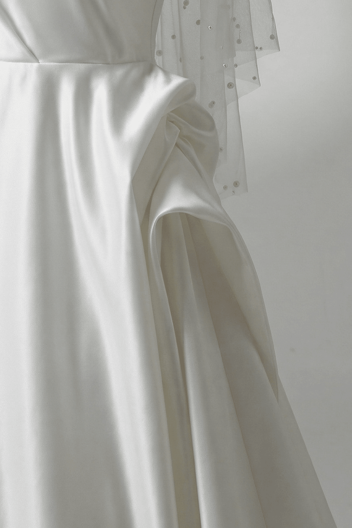 Strapless Satin Wedding Dress with Fold Over Neckline – Simple Satin Wedding Dress with Corset Plus Size - WonderlandByLilian