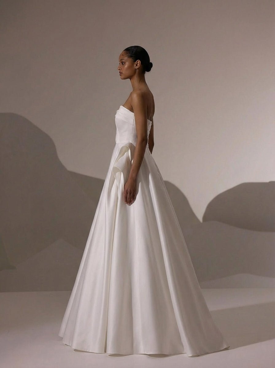 Strapless Satin Wedding Dress with Fold Over Neckline – Simple Satin Wedding Dress with Corset Plus Size - WonderlandByLilian