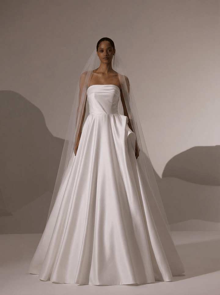 Strapless Satin Wedding Dress with Fold Over Neckline – Simple Satin Wedding Dress with Corset Plus Size - WonderlandByLilian
