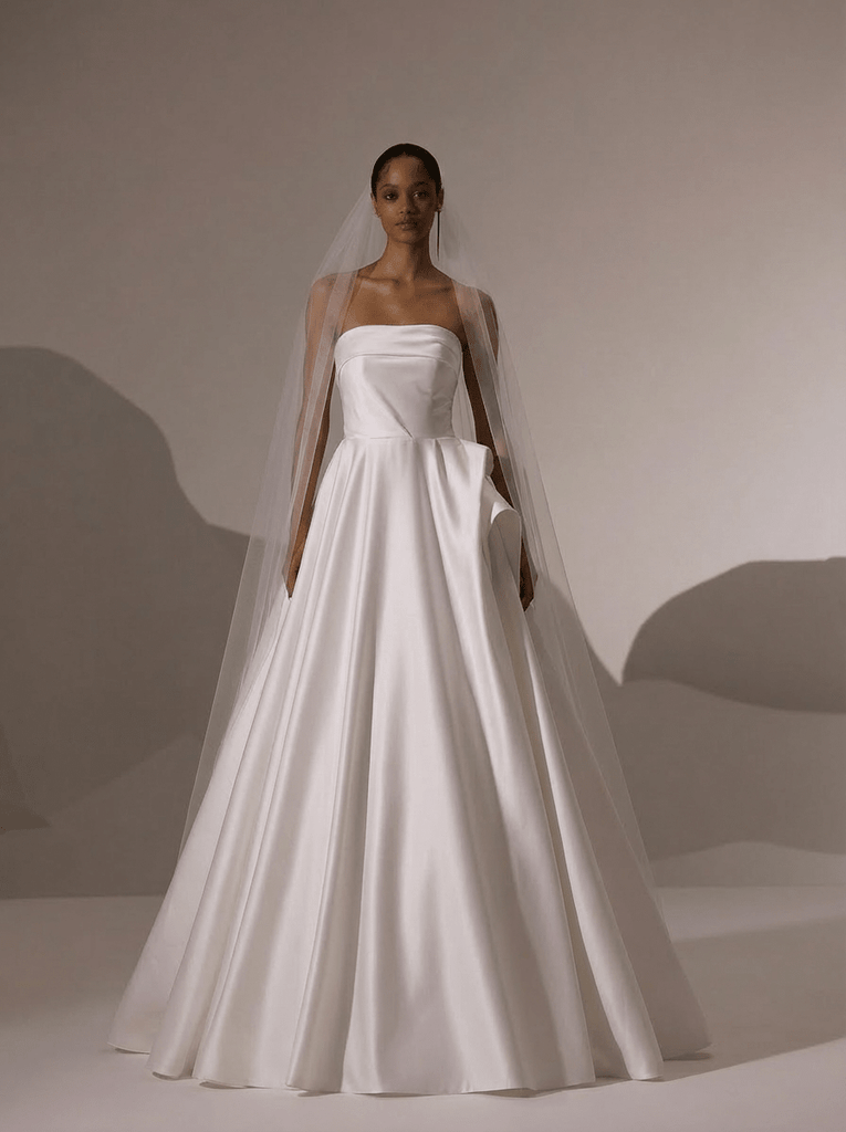 how to fold satin dress Strapless Satin Wedding Dress with Fold Over Neckline – Simple Satin Wedding Dress with Corset Plus Size Size 6 / No Veil
