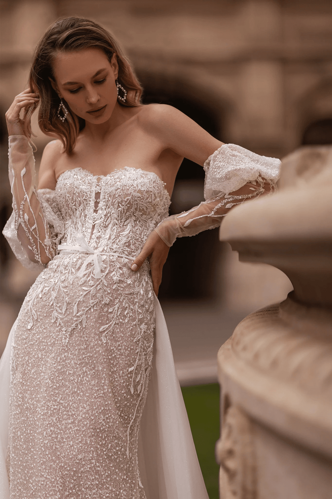Strapless Wedding Dress with Convertible Sleeves – Mermaid Wedding Dress with Detachable Train and Nature - Inspired Details Plus Size - WonderlandByLilian