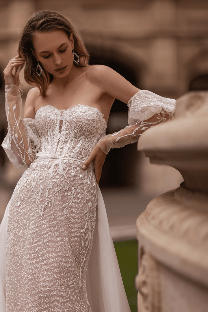Strapless Wedding Dress with Convertible Sleeves – Mermaid Wedding Dress with Detachable Train and Nature - Inspired Details Plus Size - WonderlandByLilian