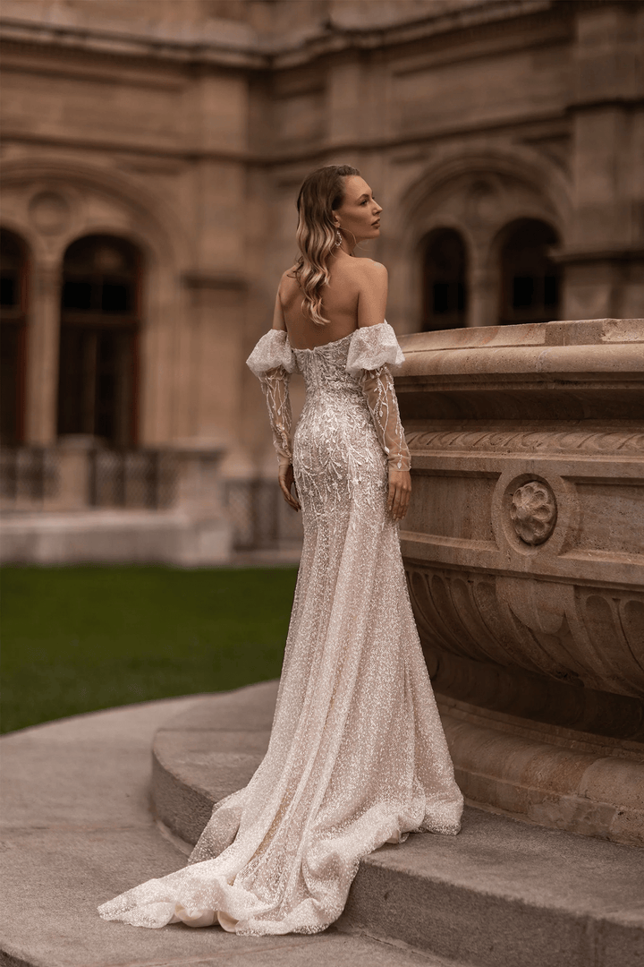 Strapless Wedding Dress with Convertible Sleeves – Mermaid Wedding Dress with Detachable Train and Nature - Inspired Details Plus Size - WonderlandByLilian