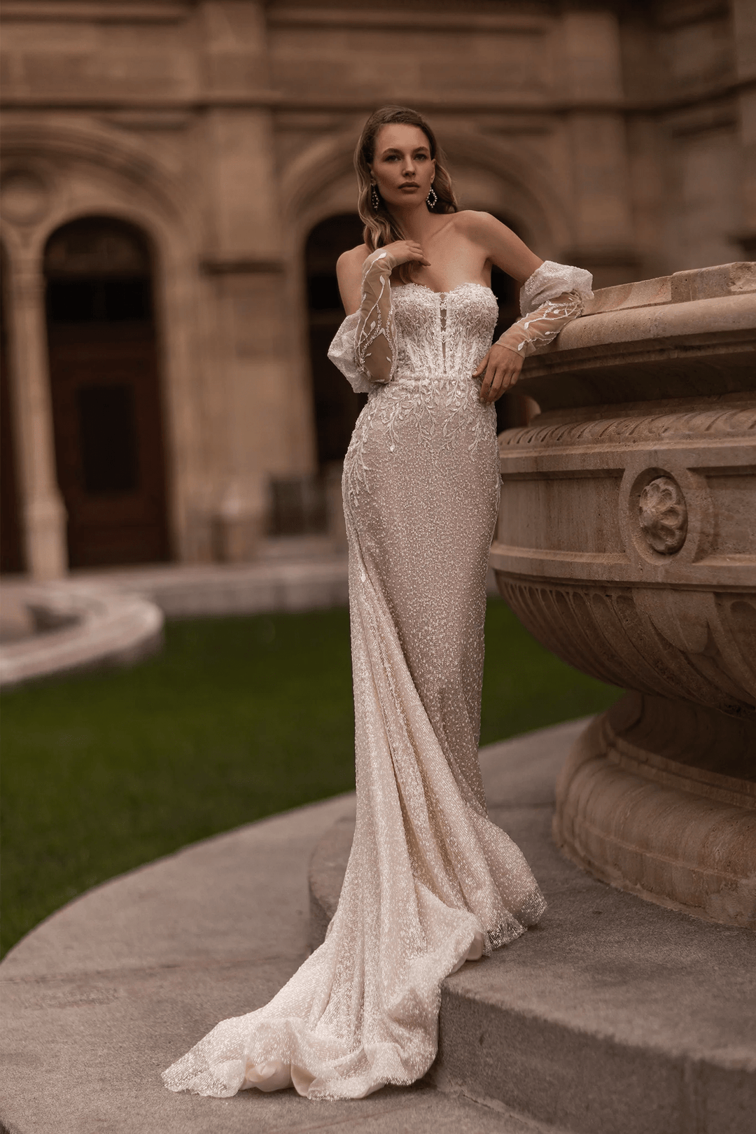Strapless Wedding Dress with Convertible Sleeves – Mermaid Wedding Dress with Detachable Train and Nature - Inspired Details Plus Size - WonderlandByLilian