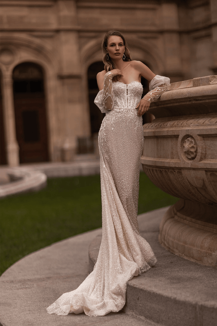 Strapless Wedding Dress with Convertible Sleeves – Mermaid Wedding Dress with Detachable Train and Nature - Inspired Details Plus Size - WonderlandByLilian