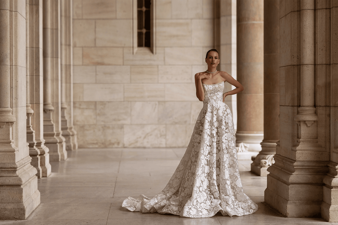 Strapless Wedding Dress with Floral Embellishments – Floral Wedding Dress with Pearl Accents and Elegant Silhouette Plus Size - WonderlandByLilian