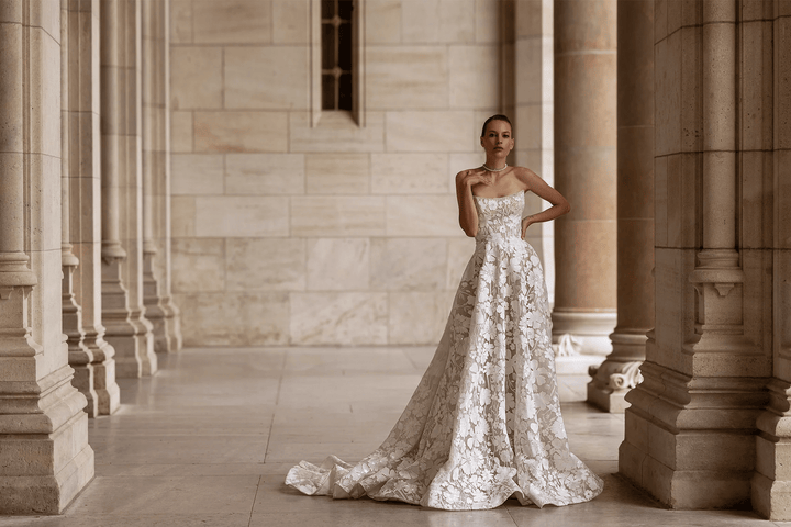 Strapless Wedding Dress with Floral Embellishments – Floral Wedding Dress with Pearl Accents and Elegant Silhouette Plus Size - WonderlandByLilian