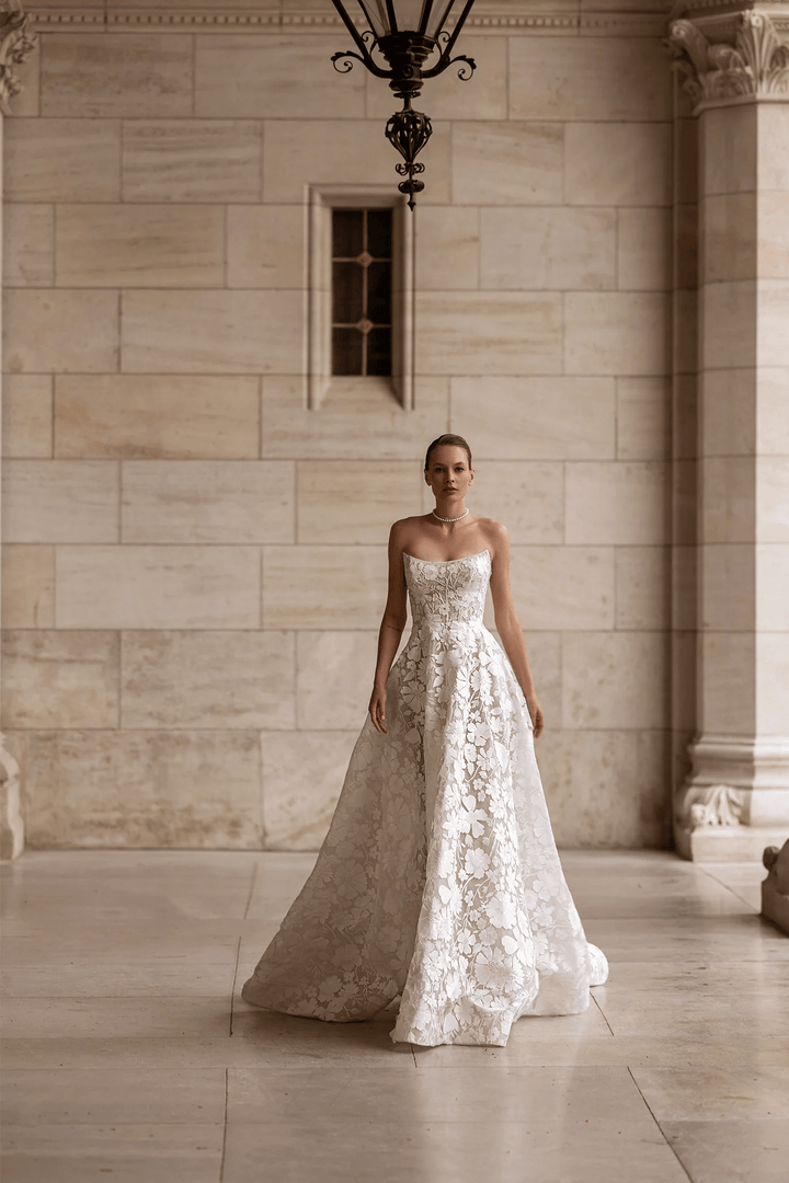 Strapless Wedding Dress with Floral Embellishments – Floral Wedding Dress with Pearl Accents and Elegant Silhouette Plus Size - WonderlandByLilian