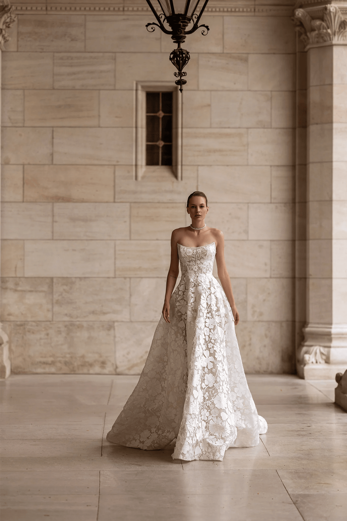 Strapless Wedding Dress with Floral Embellishments – Floral Wedding Dress with Pearl Accents and Elegant Silhouette Plus Size Size 20W