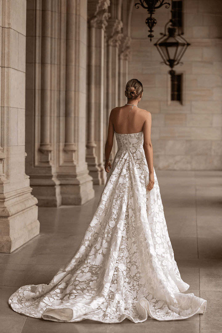 Strapless Wedding Dress with Floral Embellishments – Floral Wedding Dress with Pearl Accents and Elegant Silhouette Plus Size - WonderlandByLilian