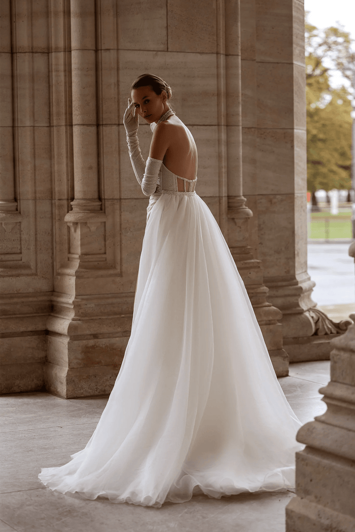 Strapless Wedding Dress with Thigh Slit – Sexy Bridal Gown with Detachable Chiffon Train and Glimmering Fabric Plus Size - WonderlandByLilian
