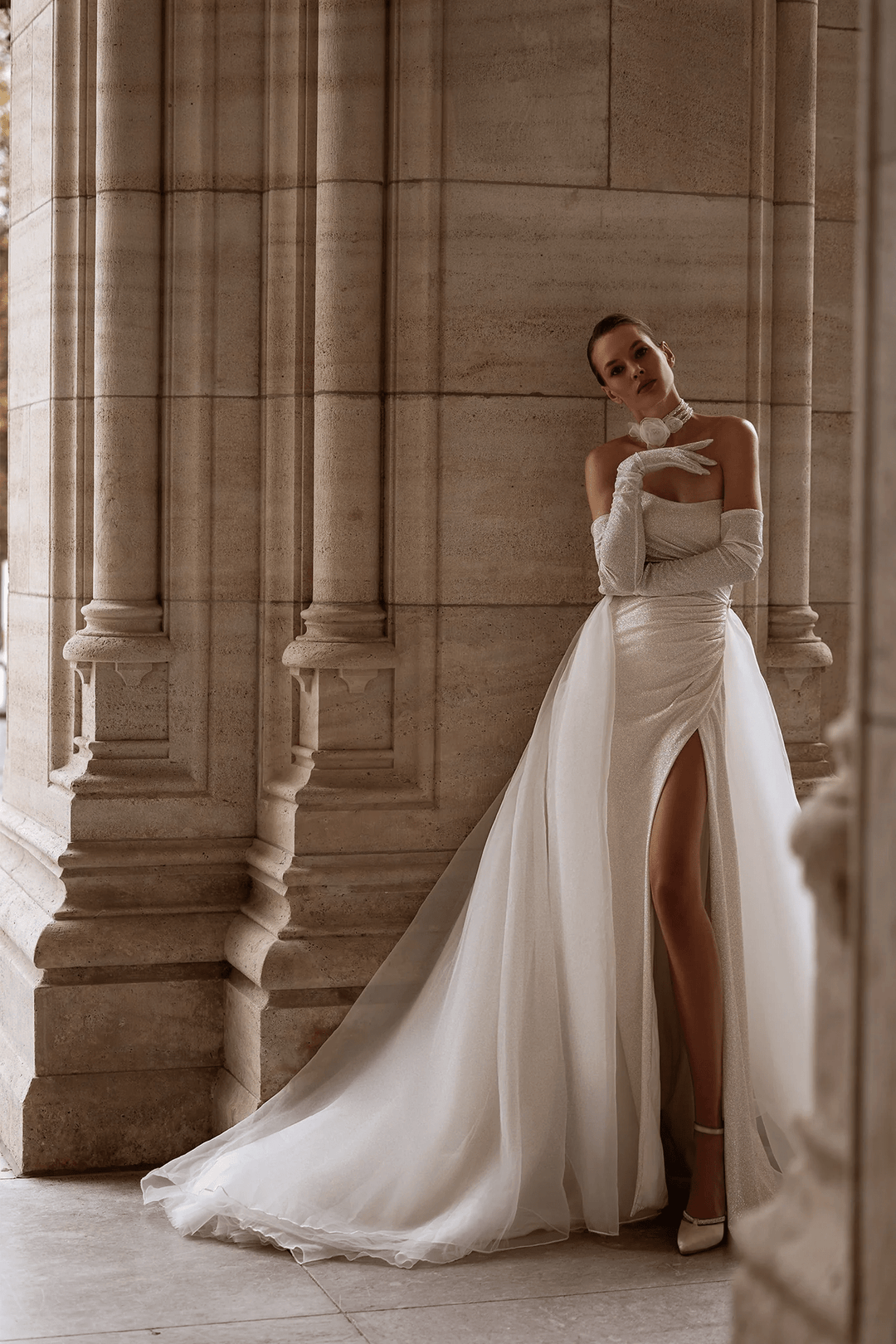 Strapless Wedding Dress with Thigh Slit – Sexy Bridal Gown with Detachable Chiffon Train and Glimmering Fabric Plus Size - WonderlandByLilian