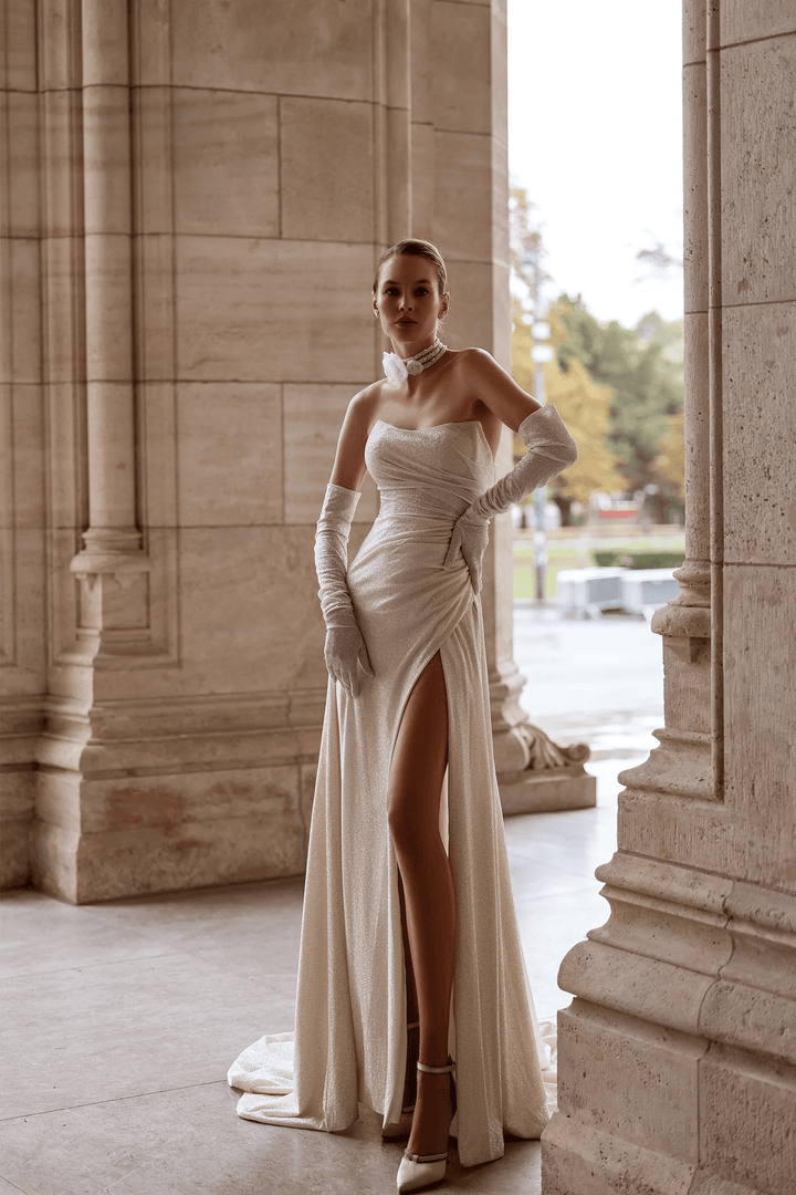 Strapless Wedding Dress with Thigh Slit – Sexy Bridal Gown with Detachable Chiffon Train and Glimmering Fabric Plus Size - WonderlandByLilian