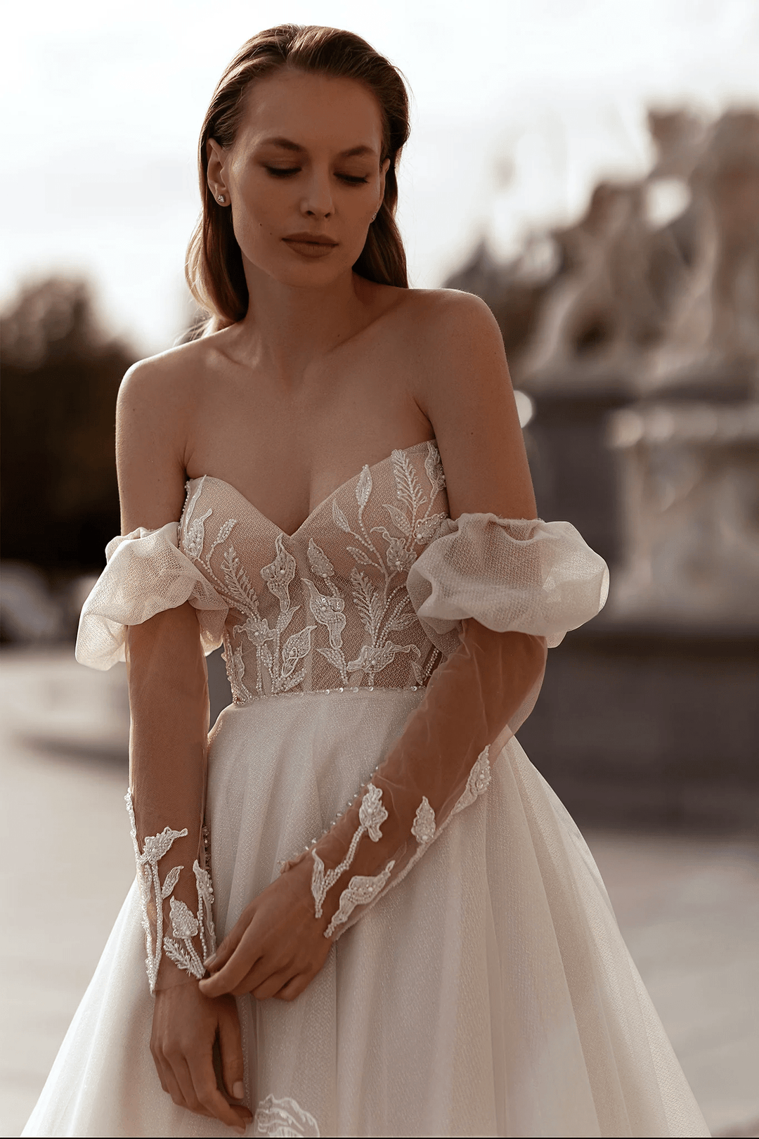 Sweetheart Wedding Dress with Long Puffed Sleeves – Floral Wedding Dress with Open Back and Wavy Skirt Plus Size - WonderlandByLilian