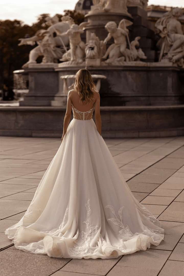 Sweetheart Wedding Dress with Long Puffed Sleeves – Floral Wedding Dress with Open Back and Wavy Skirt Plus Size - WonderlandByLilian