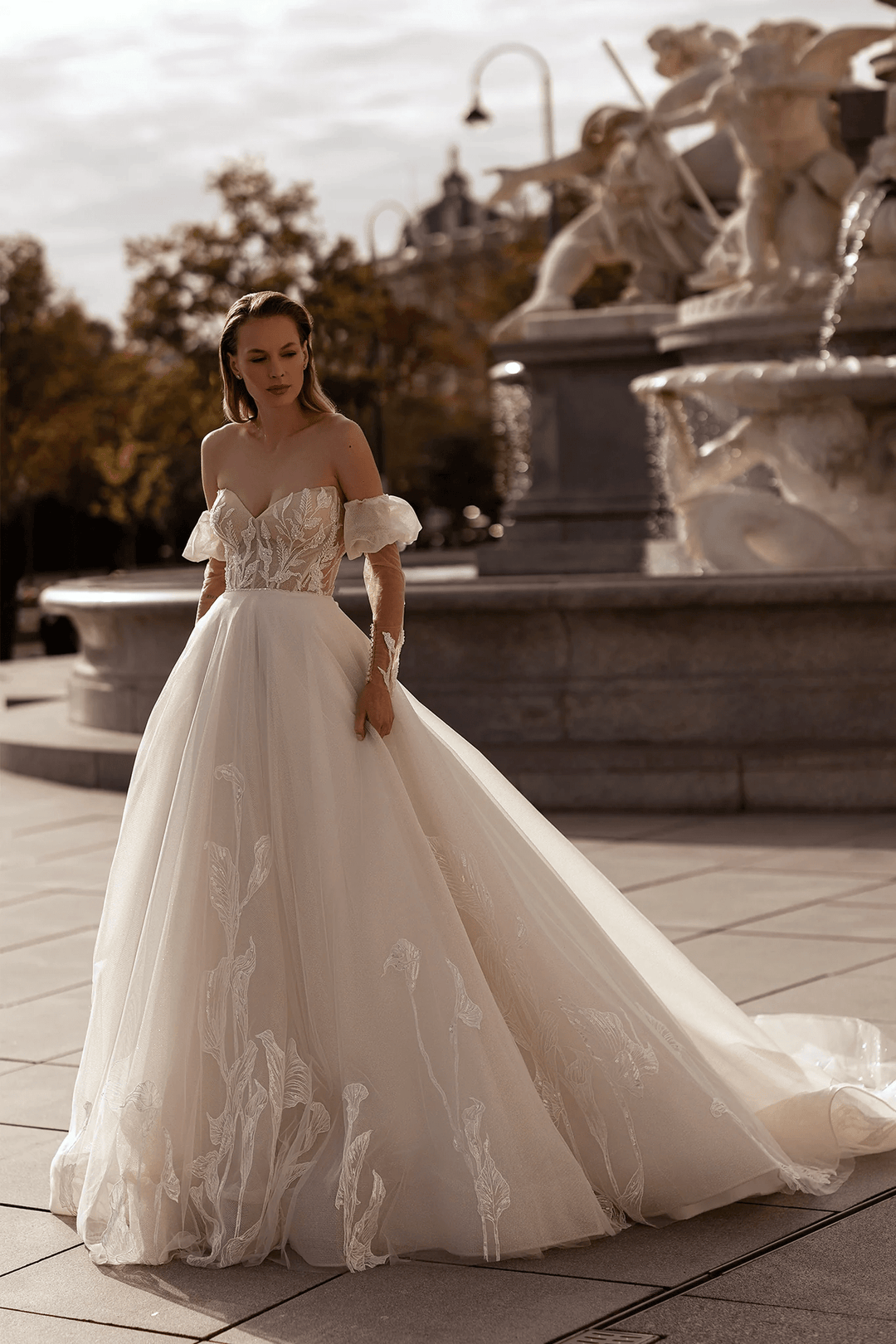 Sweetheart Wedding Dress with Long Puffed Sleeves – Floral Wedding Dress with Open Back and Wavy Skirt Plus Size - WonderlandByLilian