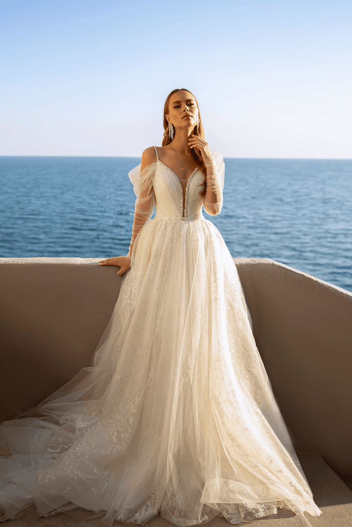Sweetheart Neckline Wedding Dress with Sheer Sleeves - Lace Corset Back Wedding Dress - Sequin Ball Gown with Plus Size - WonderlandByLilian